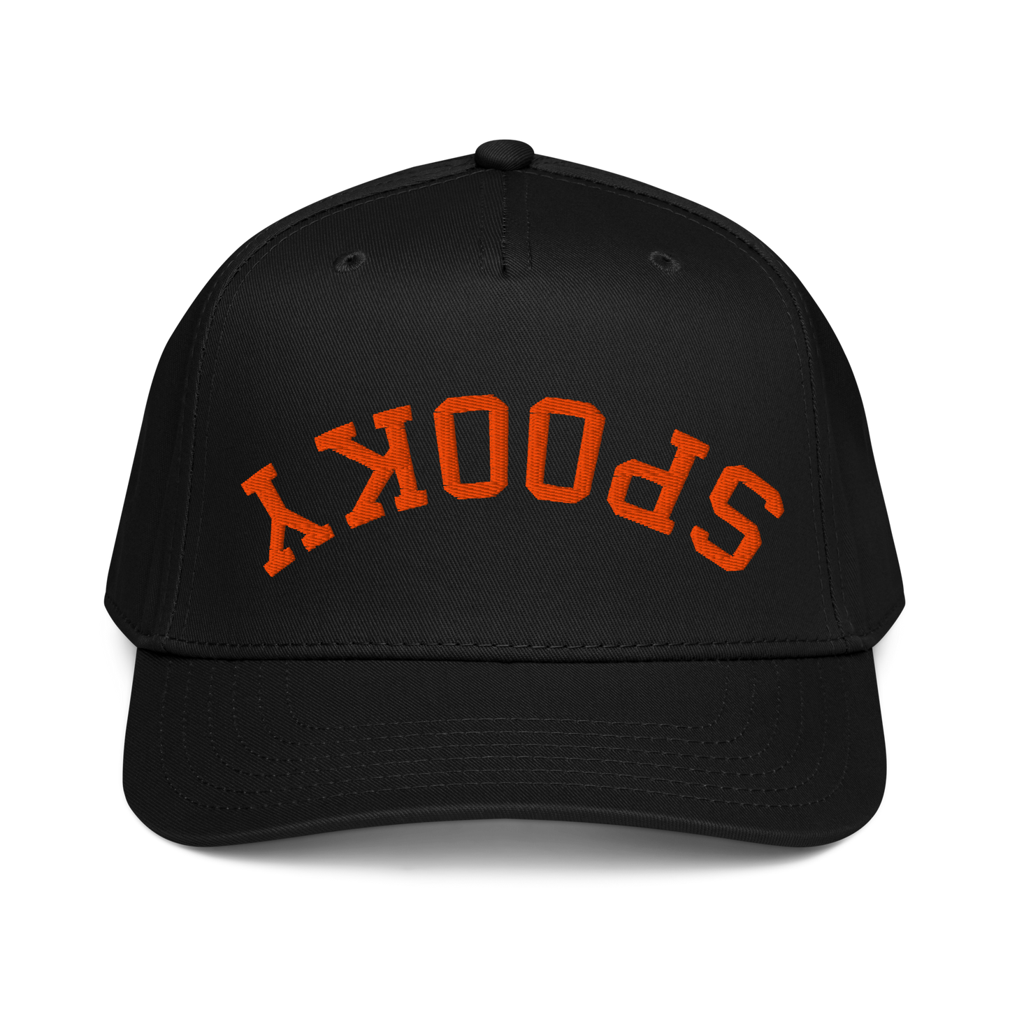 Upside down orange embroidered Spooky 5 panel cap