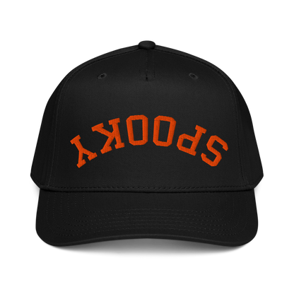 Upside down orange embroidered Spooky 5 panel cap