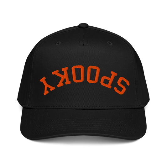 Upside down orange embroidered Spooky 5 panel cap