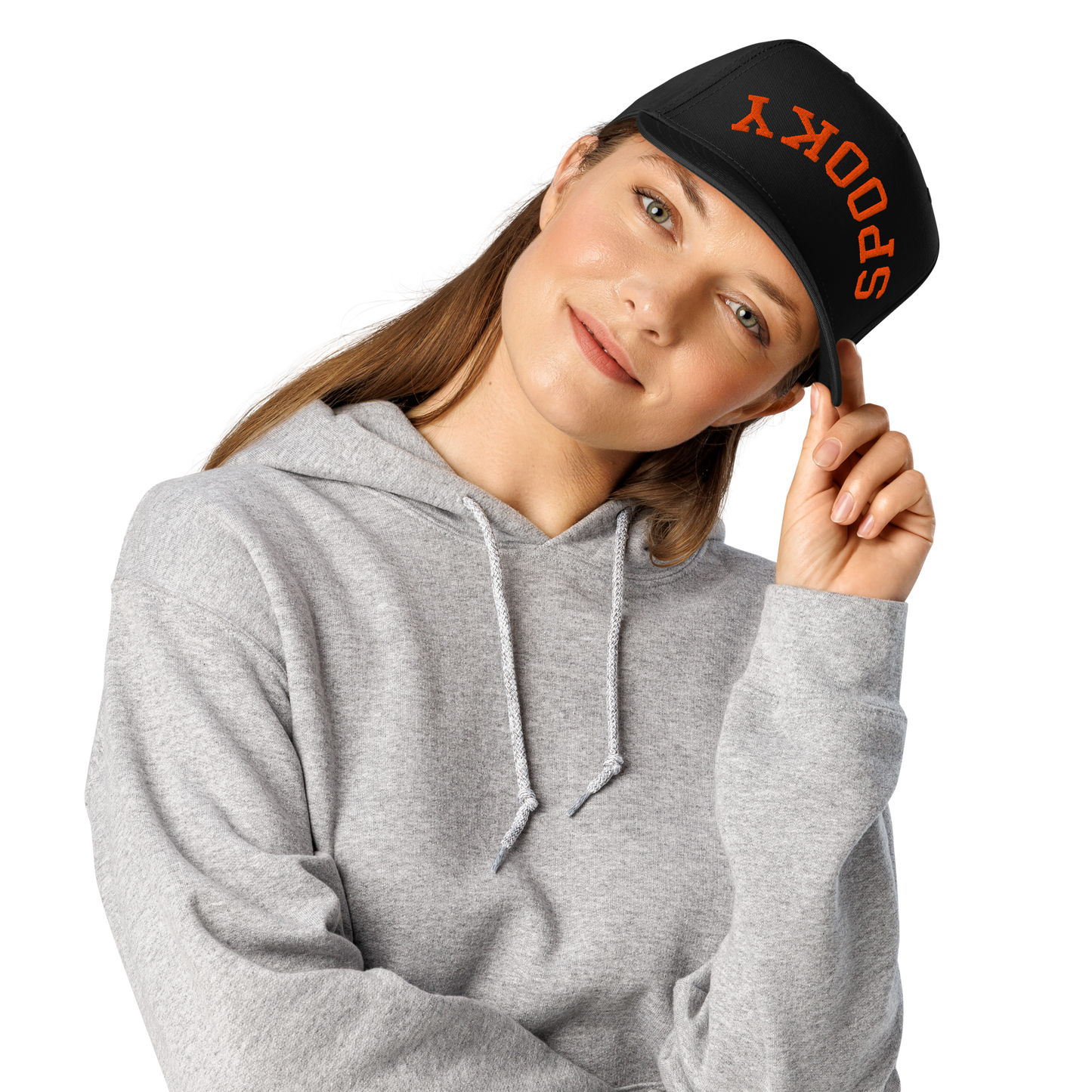 Upside down orange embroidered Spooky 5 panel cap