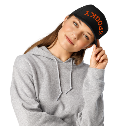 Upside down orange embroidered Spooky 5 panel cap