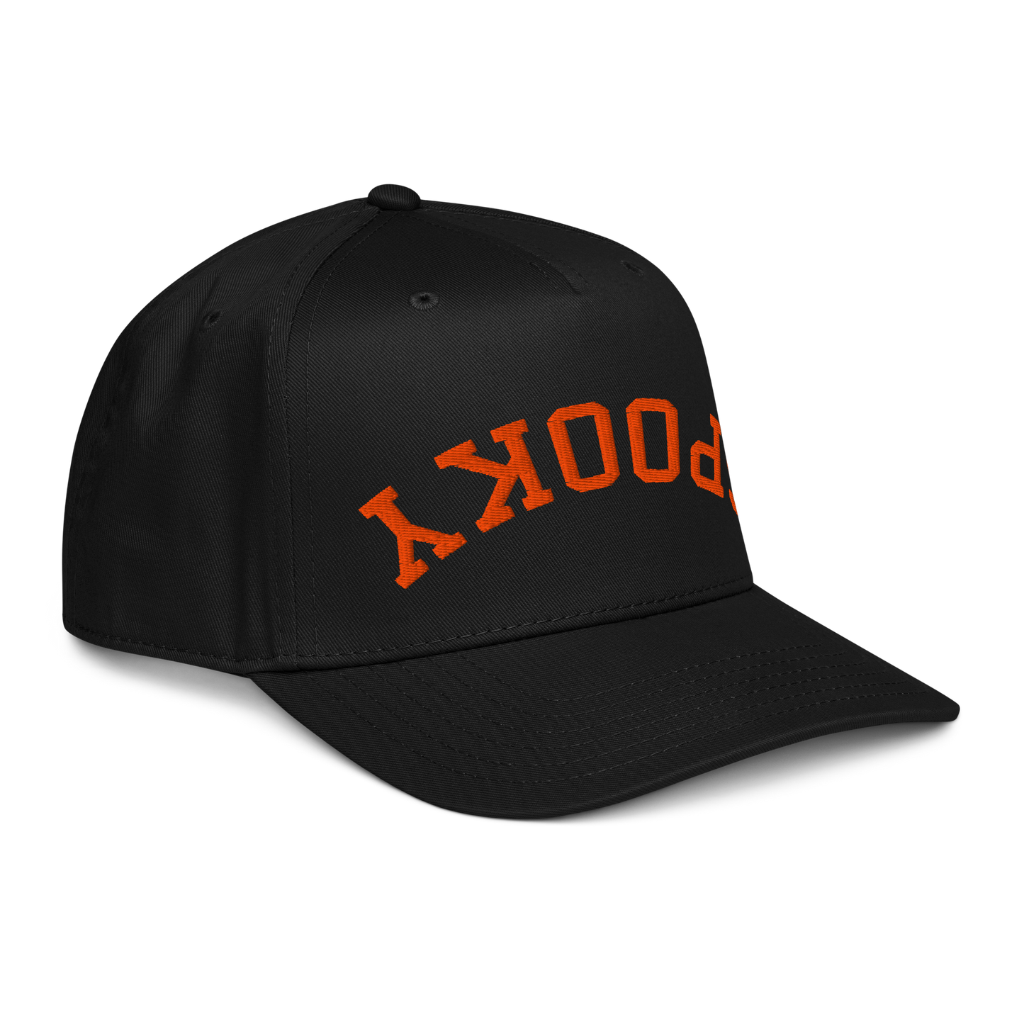Upside down orange embroidered Spooky 5 panel cap